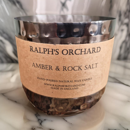 Amber & Rock salt scented candle in black tin with 2 wicks