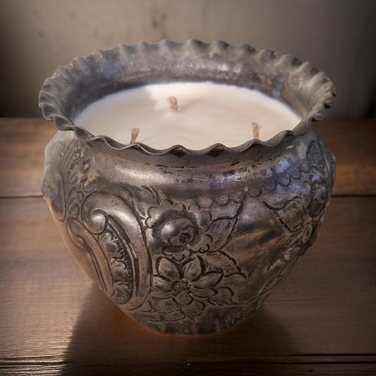 3 Wick Amber & Rock Salt Candle in Repurposed Tin Pot