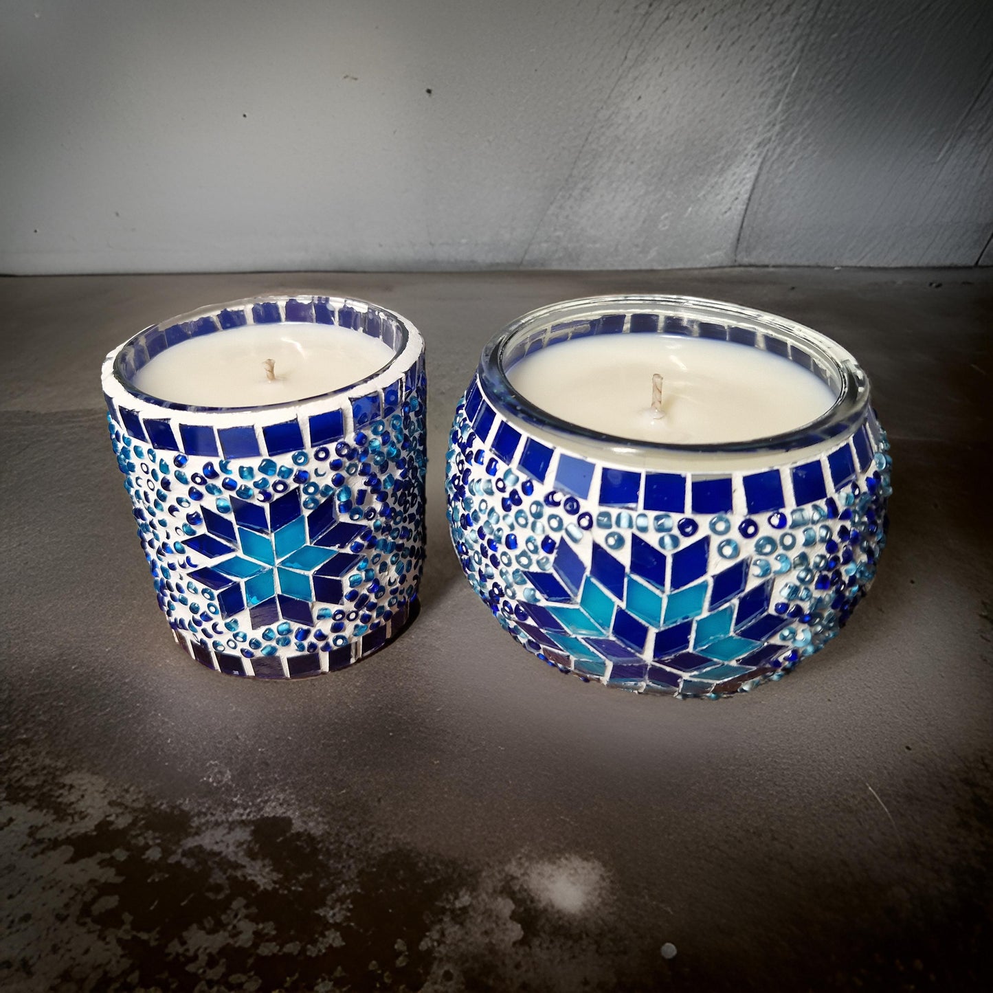 blue mosaic candle