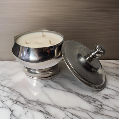 silver lidded sandalwood  candle